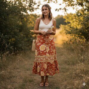 Cynthia Rowley Women's Size Large Burnt Orange Floral Bohemian Midi Skirt